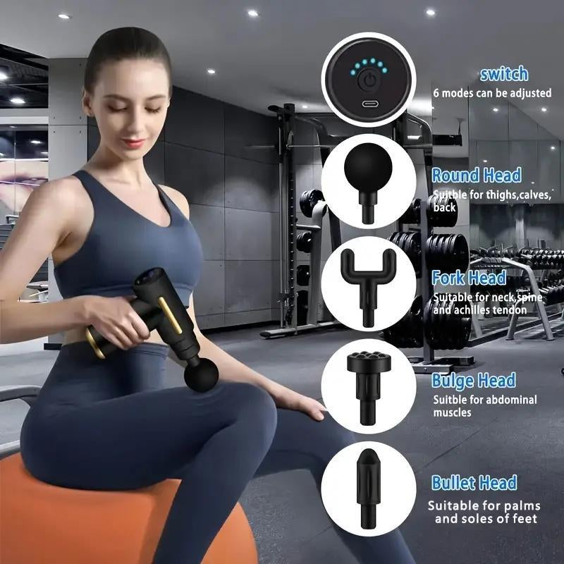 Home Portable USB Rechargeable 6-Speed Body Massage Gun, Adjustable Multifunctional Body Fascia Gun . Perfect for Muscle Recovery, Neck & Back Pain Relief, and Post-Workout Relaxation, 4 Replaceable Heads; Ultra-Quiet Brushless Motor, Black Massager
