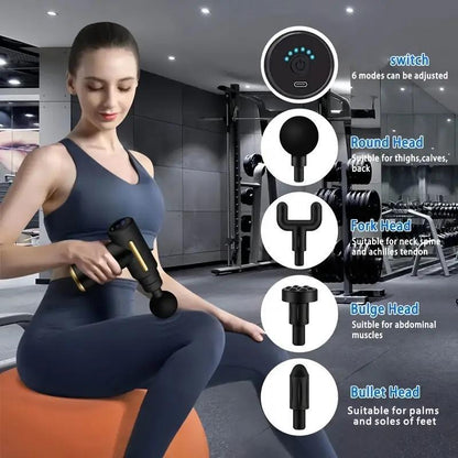 Home Portable USB Rechargeable 6-Speed Body Massage Gun, Adjustable Multifunctional Body Fascia Gun . Perfect for Muscle Recovery, Neck & Back Pain Relief, and Post-Workout Relaxation, 4 Replaceable Heads; Ultra-Quiet Brushless Motor, Black Massager