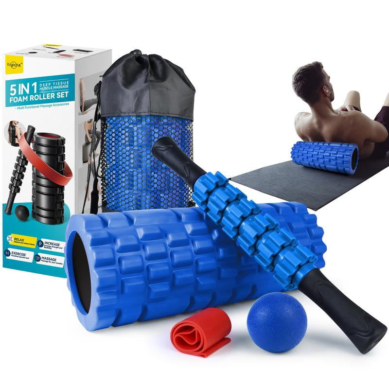 5 in 1 Foam Roller Set, Patented Foam Roller High Density Deep Tissue Massager for Muscle Massage, Massage Roller, Massage Ball, Resistance Band for Whole Body Physical Therapy Deep Muscle Massage Body Care Daily Muscle Massage Yoga Foam Lightweight