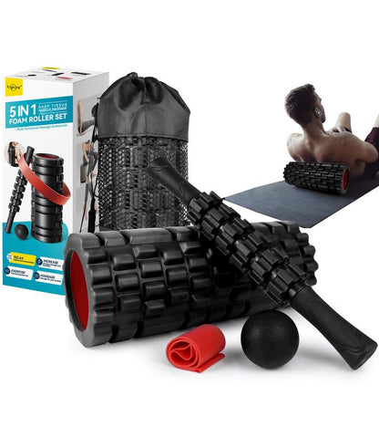 5 in 1 Foam Roller Set, Patented Foam Roller High Density Deep Tissue Massager for Muscle Massage, Massage Roller, Massage Ball, Resistance Band for Whole Body Physical Therapy Deep Muscle Massage Body Care Daily Muscle Massage Yoga Foam Lightweight