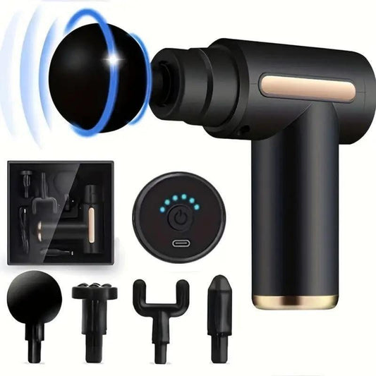 Home Portable USB Rechargeable 6-Speed Body Massage Gun, Adjustable Multifunctional Body Fascia Gun . Perfect for Muscle Recovery, Neck & Back Pain Relief, and Post-Workout Relaxation, 4 Replaceable Heads; Ultra-Quiet Brushless Motor, Black Massager