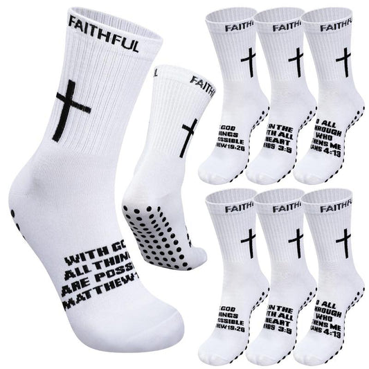 6 Pairs Bible Verse Cross Sock Cross Grip Soccer Socks Anti-Slip Grip Socks with Rubber Dots Christian Gift for Youth Men Sport Basketball Football Tennis Gym Comfortable Fit
