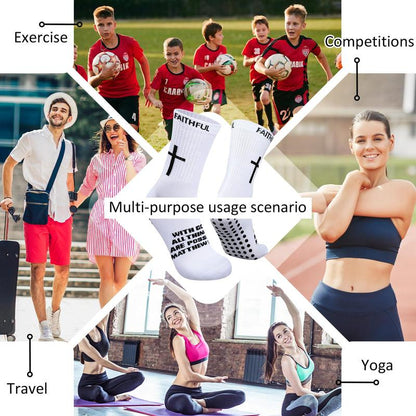6 Pairs Bible Verse Cross Sock Cross Grip Soccer Socks Anti-Slip Grip Socks with Rubber Dots Christian Gift for Youth Men Sport Basketball Football Tennis Gym Comfortable Fit