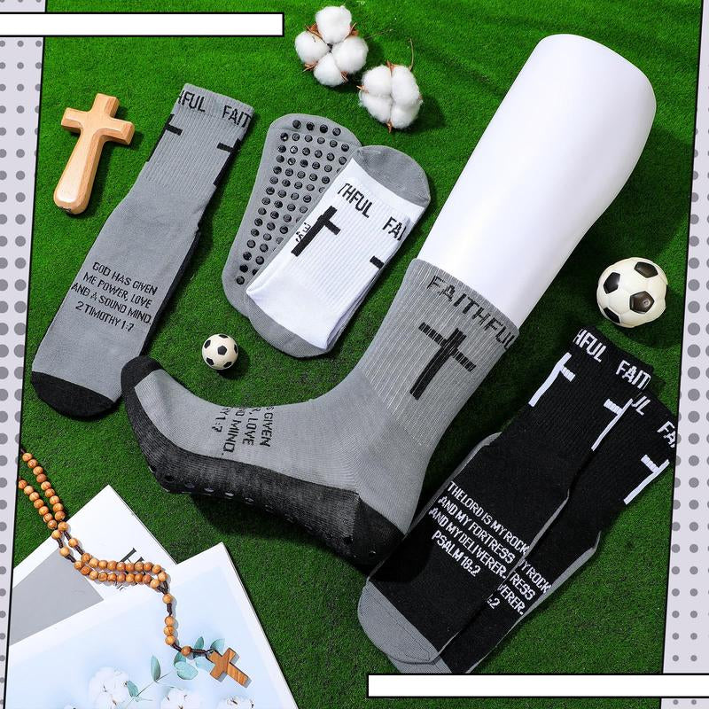 6 Pairs Bible Verse Cross Sock Cross Grip Soccer Socks Anti-Slip Grip Socks with Rubber Dots Christian Gift for Youth Men Sport Basketball Football Tennis Gym Comfortable Fit