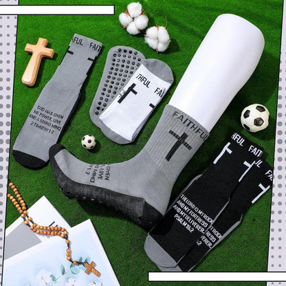 6 Pairs Bible Verse Cross Sock Cross Grip Soccer Socks Anti-Slip Grip Socks with Rubber Dots Christian Gift for Youth Men Sport Basketball Football Tennis Gym Comfortable Fit