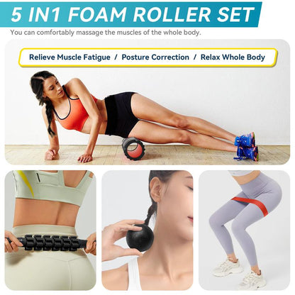 5 in 1 Foam Roller Set, Patented Foam Roller High Density Deep Tissue Massager for Muscle Massage, Massage Roller, Massage Ball, Resistance Band for Whole Body Physical Therapy Deep Muscle Massage Body Care Daily Muscle Massage Yoga Foam Lightweight