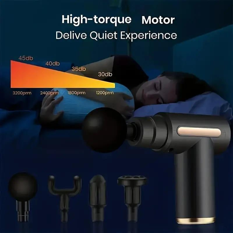 Home Portable USB Rechargeable 6-Speed Body Massage Gun, Adjustable Multifunctional Body Fascia Gun . Perfect for Muscle Recovery, Neck & Back Pain Relief, and Post-Workout Relaxation, 4 Replaceable Heads; Ultra-Quiet Brushless Motor, Black Massager