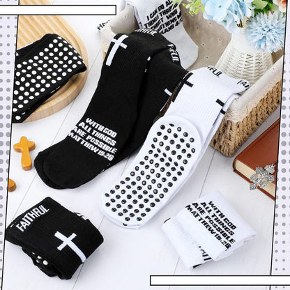 6 Pairs Bible Verse Cross Sock Cross Grip Soccer Socks Anti-Slip Grip Socks with Rubber Dots Christian Gift for Youth Men Sport Basketball Football Tennis Gym Comfortable Fit