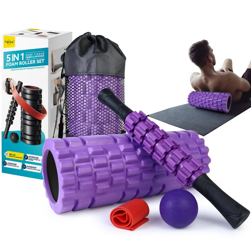 5 in 1 Foam Roller Set, Patented Foam Roller High Density Deep Tissue Massager for Muscle Massage, Massage Roller, Massage Ball, Resistance Band for Whole Body Physical Therapy Deep Muscle Massage Body Care Daily Muscle Massage Yoga Foam Lightweight