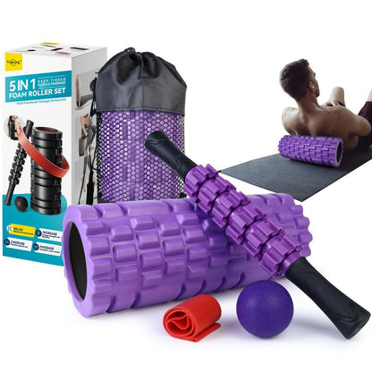 5 in 1 Foam Roller Set, Patented Foam Roller High Density Deep Tissue Massager for Muscle Massage, Massage Roller, Massage Ball, Resistance Band for Whole Body Physical Therapy Deep Muscle Massage Body Care Daily Muscle Massage Yoga Foam Lightweight