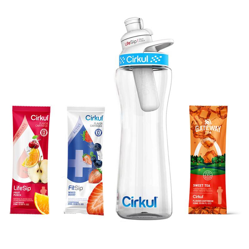 Cirkul 22 Oz Plastic Water Bottle Starter Kit with Blue Lid and 3 Flavor Cartridges