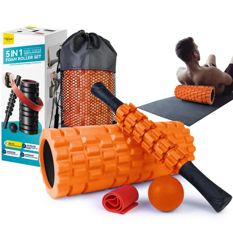 5 in 1 Foam Roller Set, Patented Foam Roller High Density Deep Tissue Massager for Muscle Massage, Massage Roller, Massage Ball, Resistance Band for Whole Body Physical Therapy Deep Muscle Massage Body Care Daily Muscle Massage Yoga Foam Lightweight