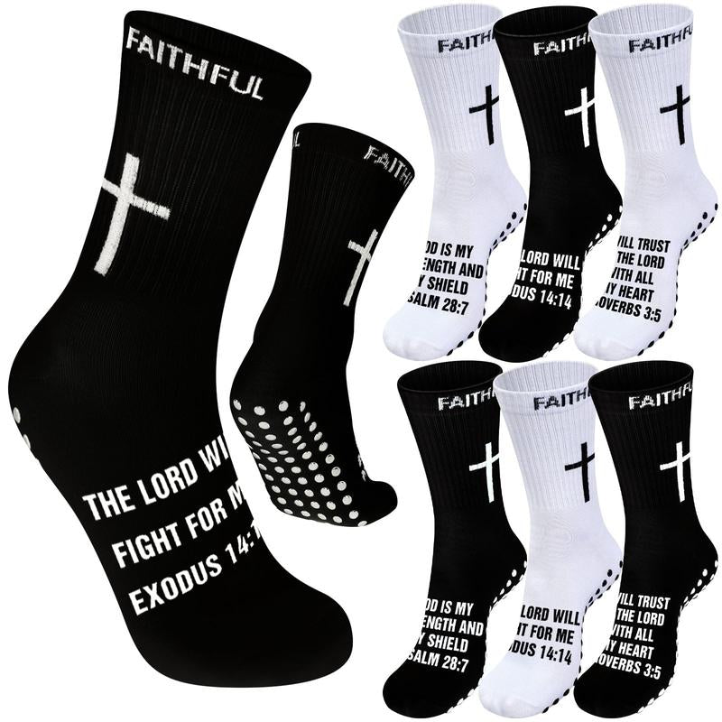 6 Pairs Bible Verse Cross Sock Cross Grip Soccer Socks Anti-Slip Grip Socks with Rubber Dots Christian Gift for Youth Men Sport Basketball Football Tennis Gym Comfortable Fit