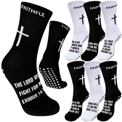 6 Pairs Bible Verse Cross Sock Cross Grip Soccer Socks Anti-Slip Grip Socks with Rubber Dots Christian Gift for Youth Men Sport Basketball Football Tennis Gym Comfortable Fit