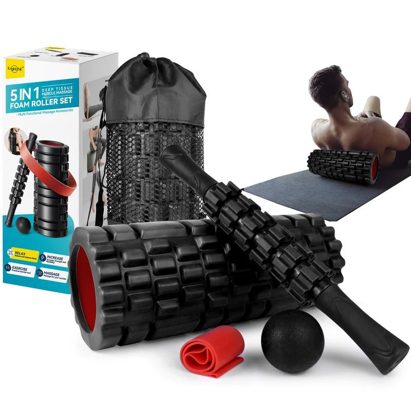 5 in 1 Foam Roller Set, Patented Foam Roller High Density Deep Tissue Massager for Muscle Massage, Massage Roller, Massage Ball, Resistance Band for Whole Body Physical Therapy Deep Muscle Massage Body Care Daily Muscle Massage Yoga Foam Lightweight