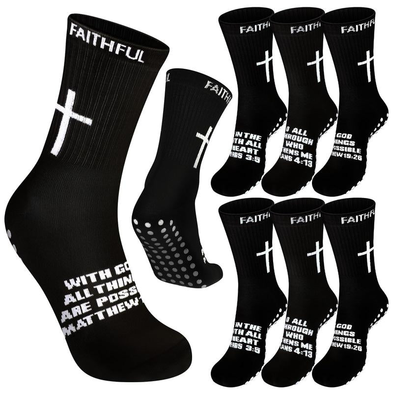 6 Pairs Bible Verse Cross Sock Cross Grip Soccer Socks Anti-Slip Grip Socks with Rubber Dots Christian Gift for Youth Men Sport Basketball Football Tennis Gym Comfortable Fit
