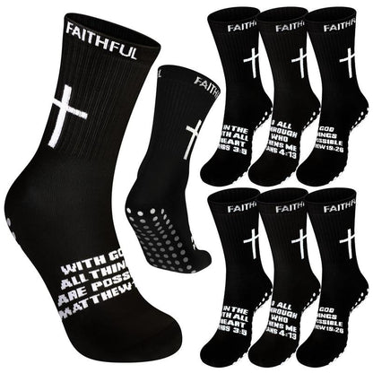 6 Pairs Bible Verse Cross Sock Cross Grip Soccer Socks Anti-Slip Grip Socks with Rubber Dots Christian Gift for Youth Men Sport Basketball Football Tennis Gym Comfortable Fit