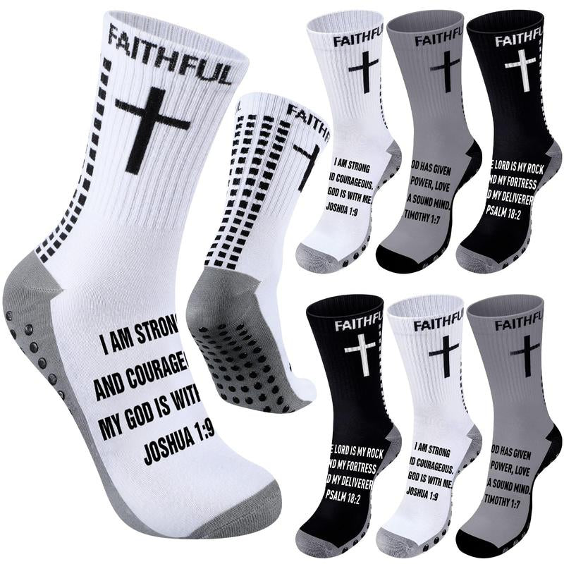 6 Pairs Bible Verse Cross Sock Cross Grip Soccer Socks Anti-Slip Grip Socks with Rubber Dots Christian Gift for Youth Men Sport Basketball Football Tennis Gym Comfortable Fit